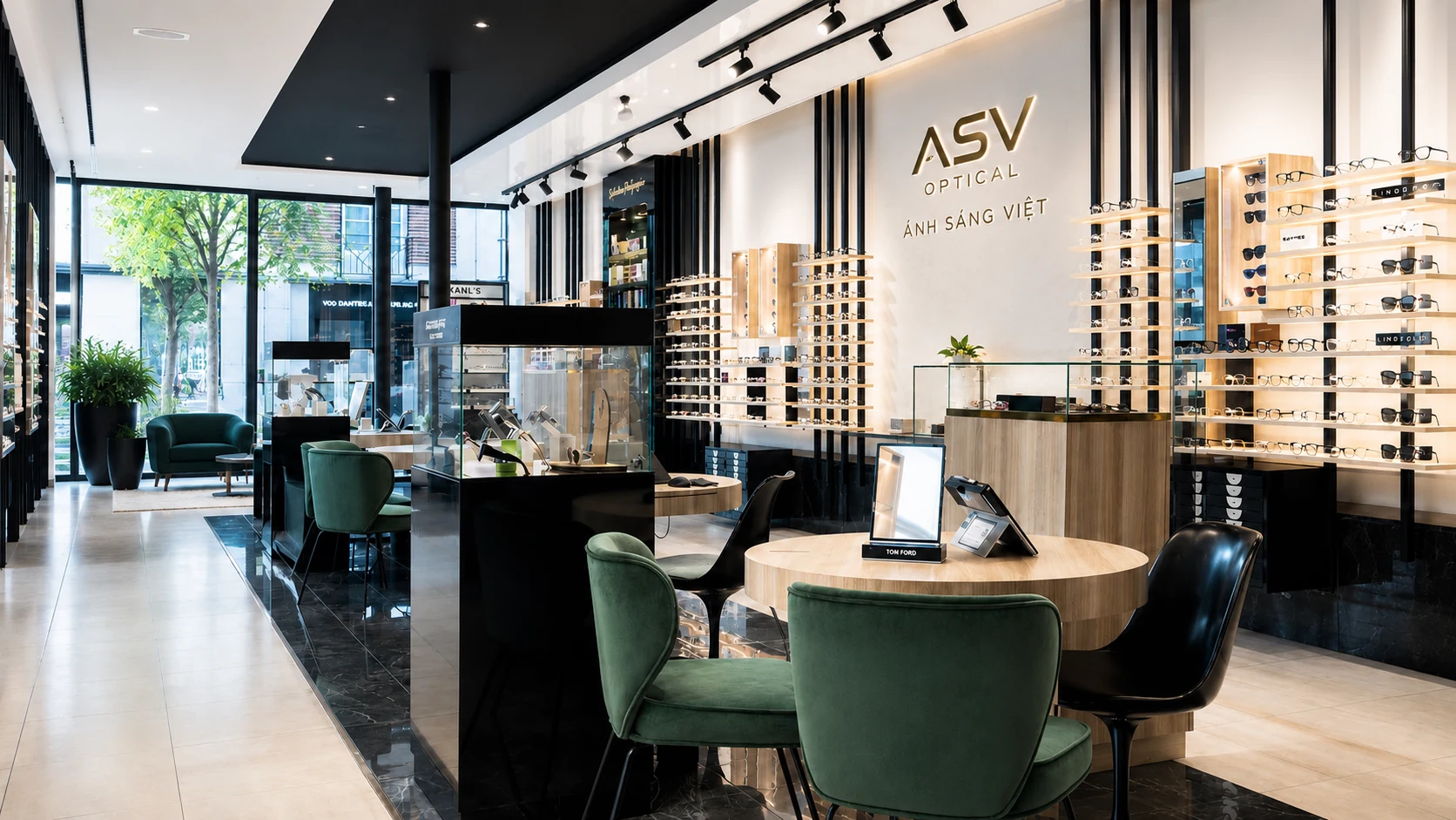Không gian showroom ASV Optical Ánh Sáng Việt với khu trưng bày gọng kính và khu tư vấn