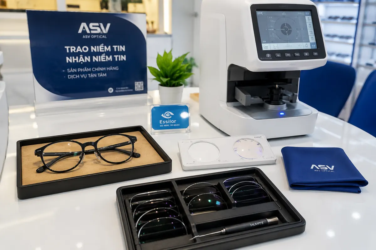 Bàn tư vấn tròng kính với khay tròng và máy đo độ kính tại ASV Optical